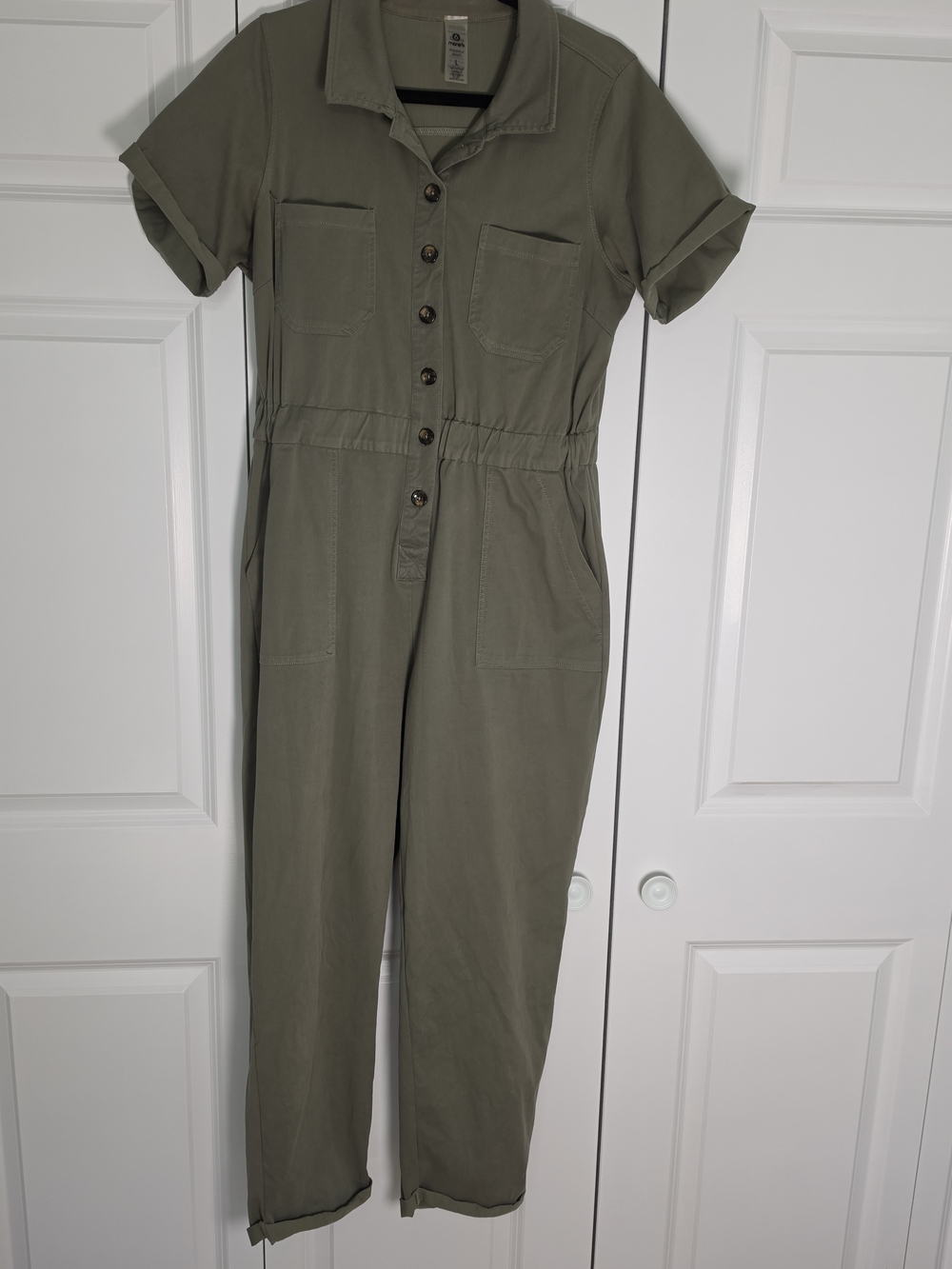 Mono B Olive Green Utility Jumpsuit Large Casual Button Front Stretch Romper